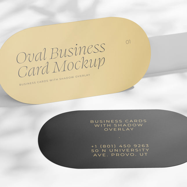 Set of 100 oval business cards from Varaprint featuring a sleek, professional design on high-quality cardstock.