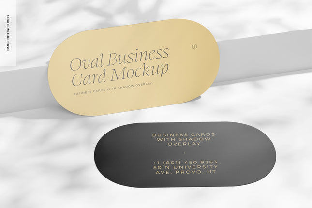 Varaprint oval business cards with shadow overlay, displayed in a mockup with a leaning and dropped angle.
