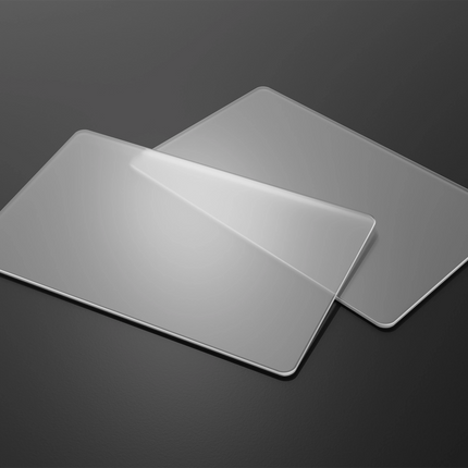 Transparent plastic business card mockup showing a modern, sleek business card with Varaprint branding on a plain background.