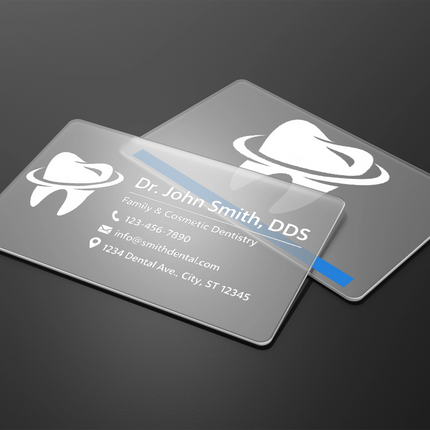 Transparent plastic business card mockup by Varaprint showing a sleek, modern design with a clear, glossy finish and professional look.