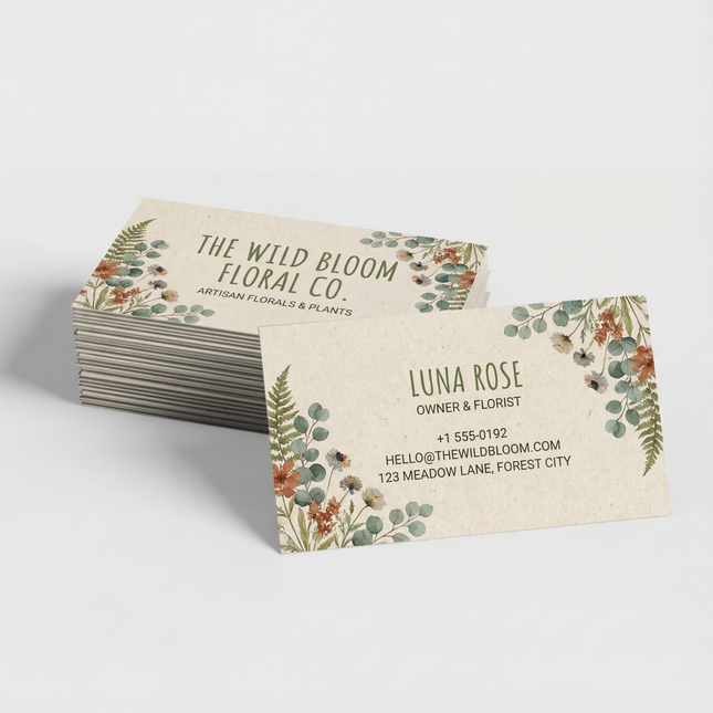Custom natural business cards from Varaprint on organic 14pt stock, featuring a professional design and eco-friendly material.