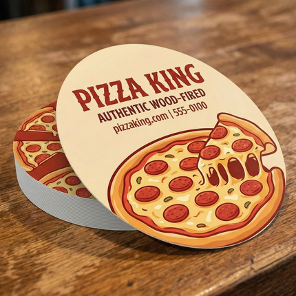 Round Varaprint business cards with a sleek design, showcasing professional circle-shaped cards for networking and branding.