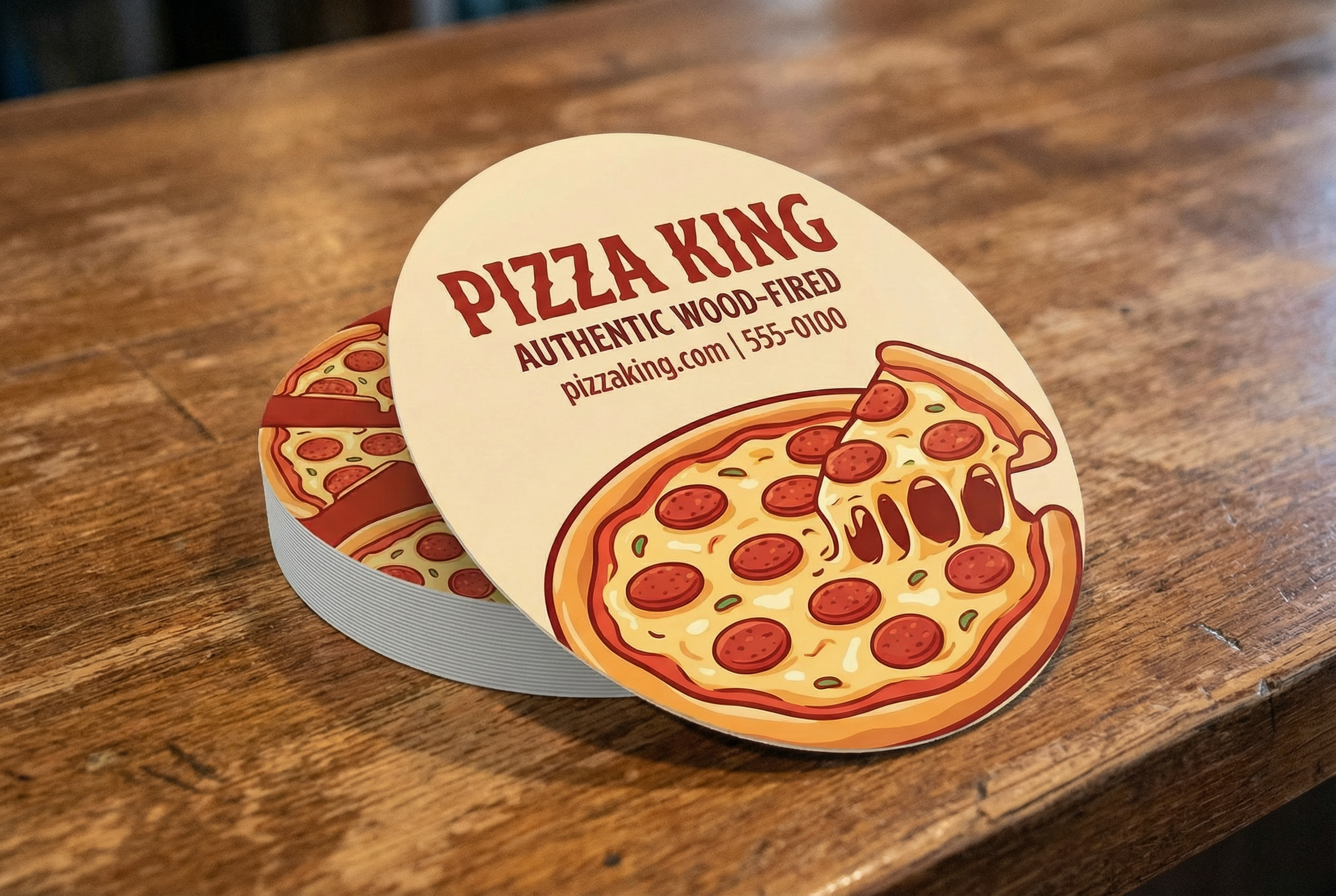 Circle-shaped business cards by Varaprint, featuring modern design on smooth cardstock with professional branding.