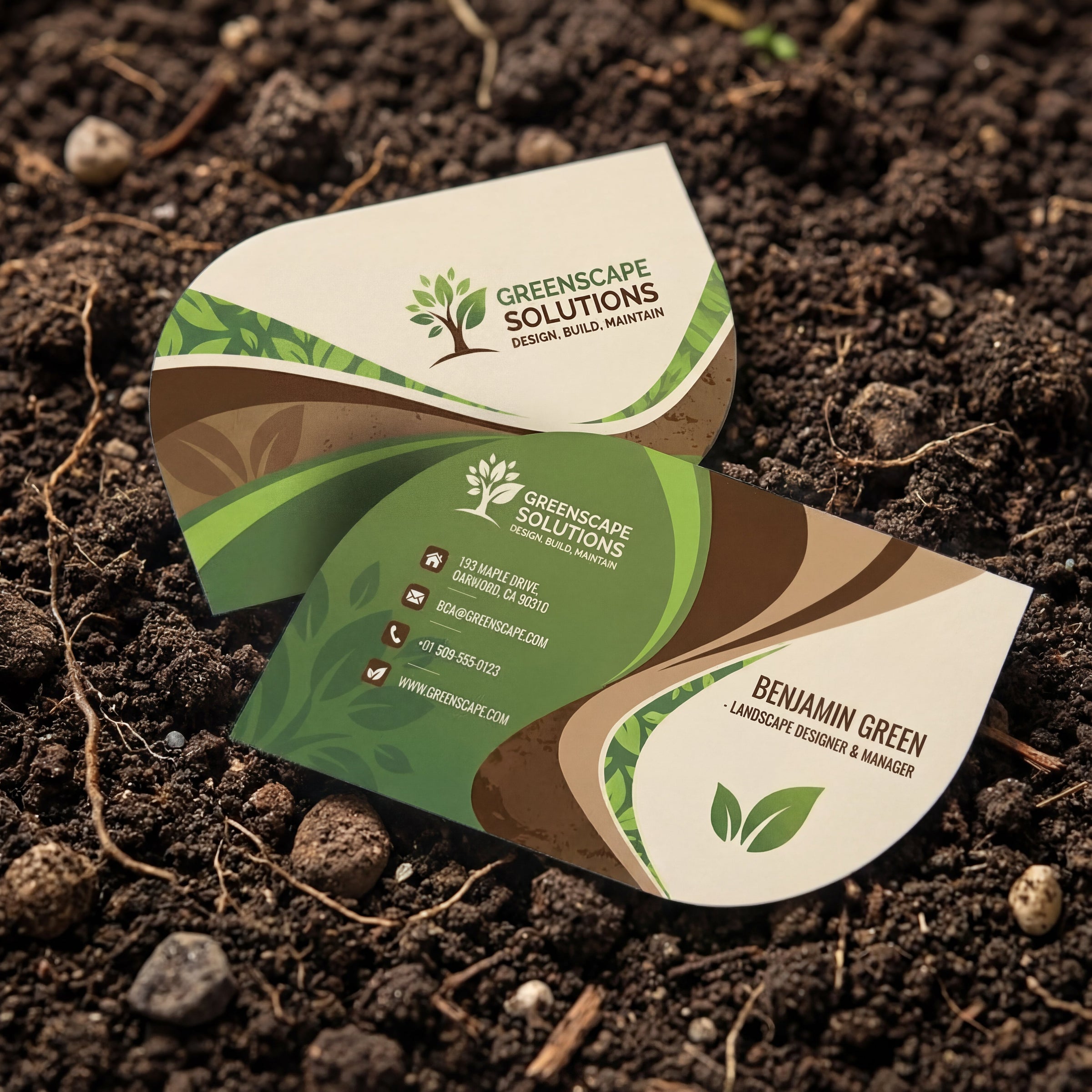 Varaprint leaf-shaped business cards showcasing unique, eco-friendly design on high-quality cardstock for professional networking.