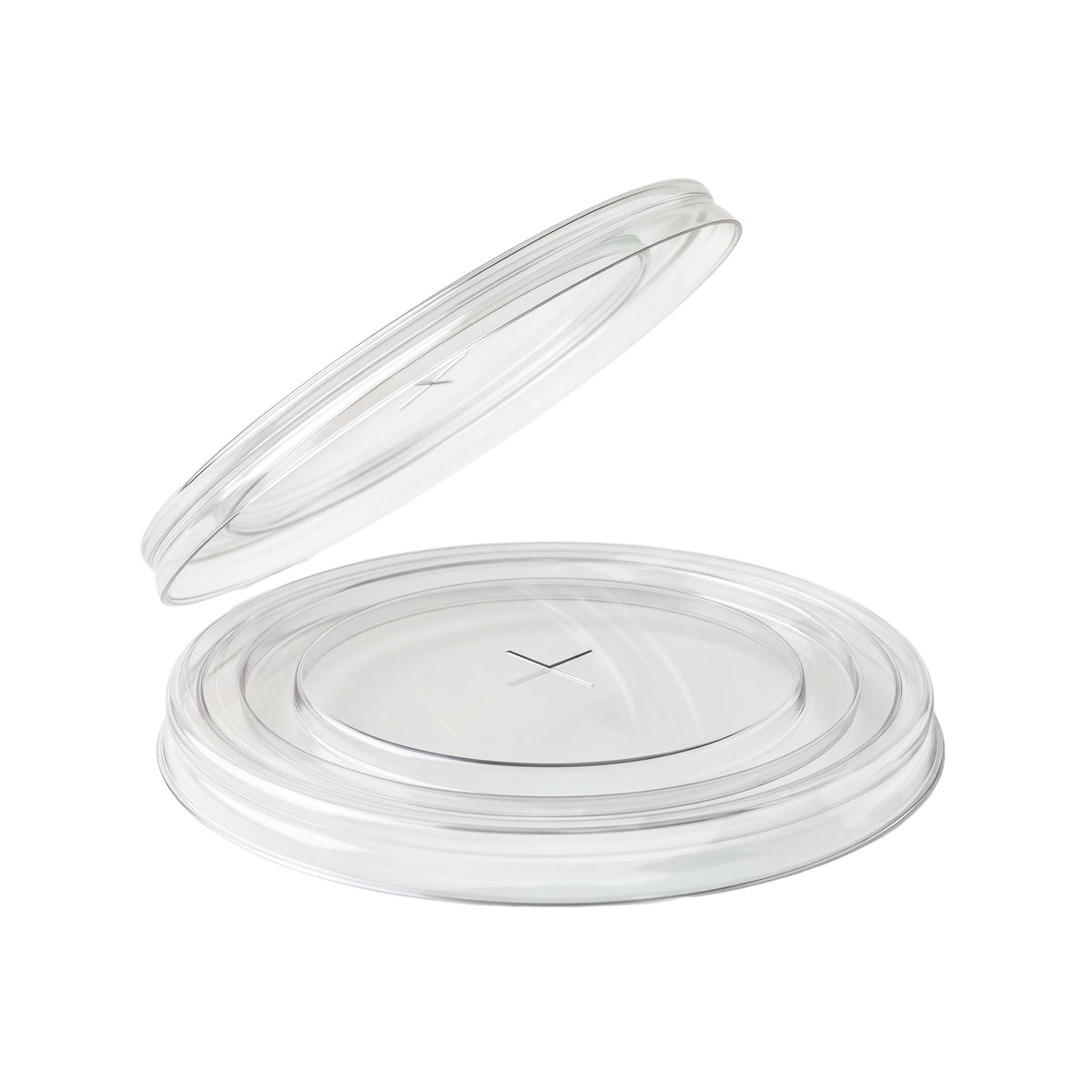 Plain clear 98 mm flat PET cup lids with a central straw slit, shown on a neutral background.