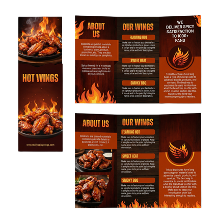 Varaprint tri-fold brochures in 8.5 x 14 size, showcasing a professional marketing print design with detailed fold lines.