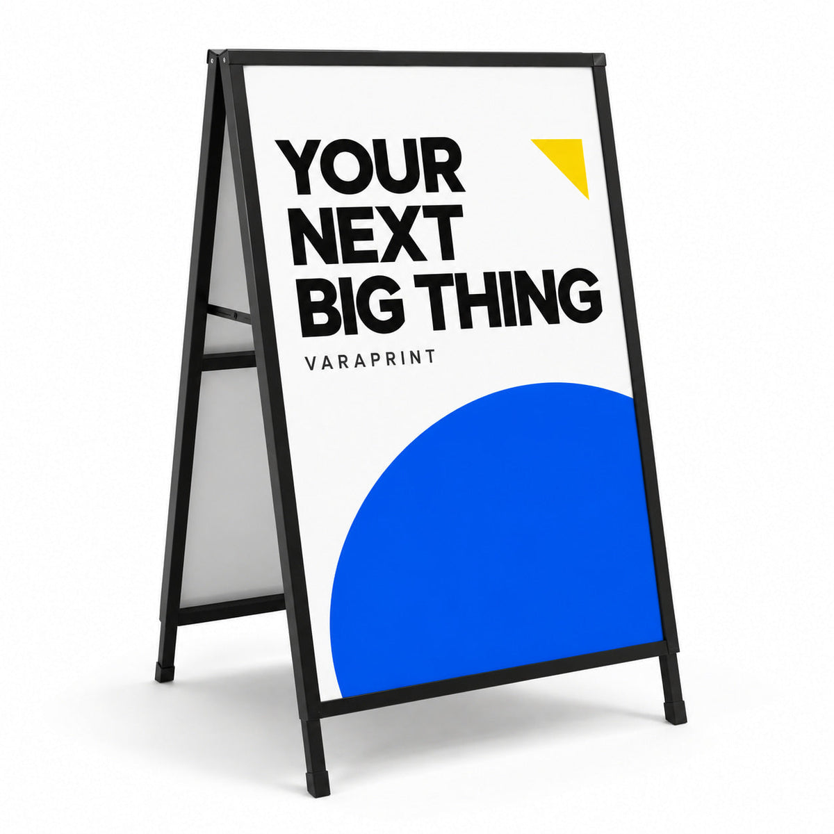 Varaprint black metal A-frame sidewalk sign with two printed 24 x 36 inch inserts — illustrative mockup