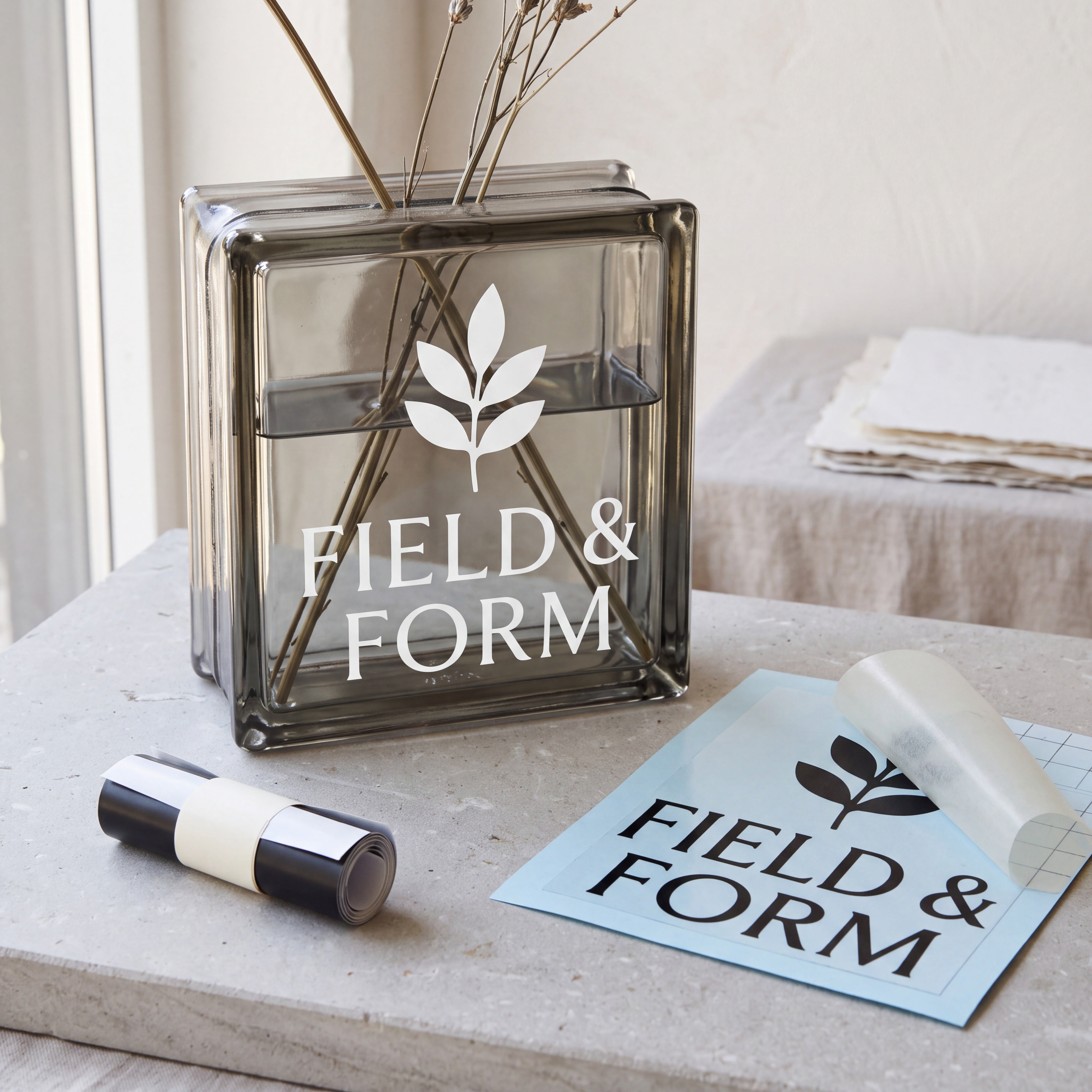 White cut-vinyl lettering on smoked glass, with black vinyl lettering on a release liner and application tape.